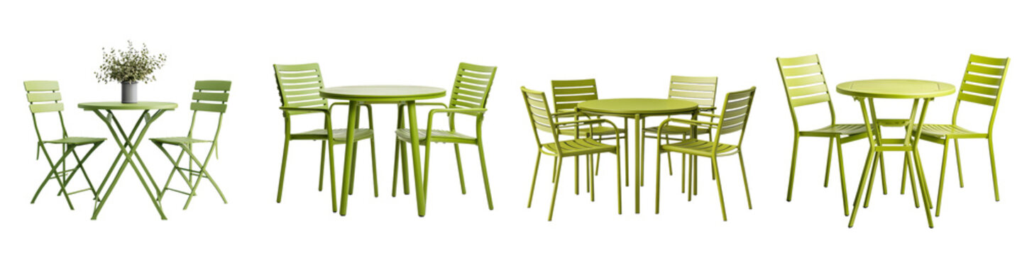 Cozy outdoor dining furniture set with green metal and wood chairs and table perfect for relaxation and alfresco dining on a patio terrace or backyard  Inviting and contemporary design in a natural