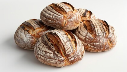 A stack of four crusty sourdough bread loaves on a white background.