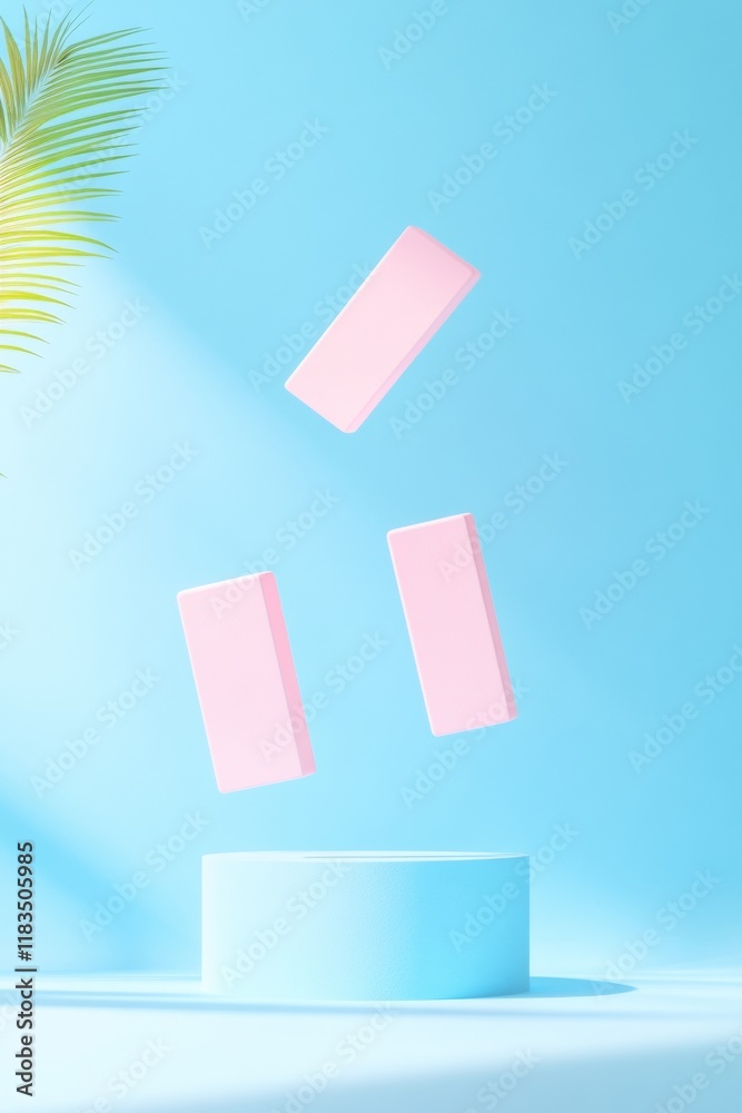 Poster floating pastel blocks and geometric shadows on a minimalist sky blue canvas