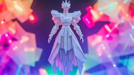 Obraz premium Crystalline Knight in Neon Lights: A Futuristic Origami Masterpiece