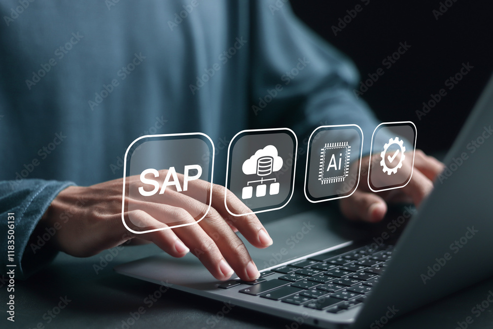 Wall mural person using laptop with sap icon on virtual screen for business process automation software and man