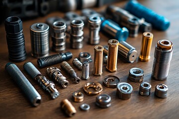 A close-up view of various metal parts and components, showcasing precision and craftsmanship in manufacturing.