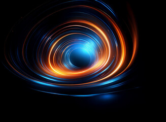 Abstract swirling vortex of vibrant blue and orange light trails on a black background.  The concentric circles create a dynamic, energy-filled composition.