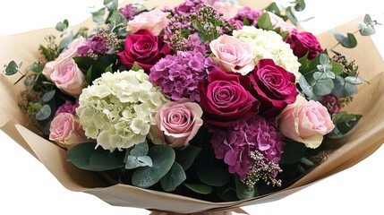 Elegant flower bouquet with roses and hydrangeas, luxurious and romantic 