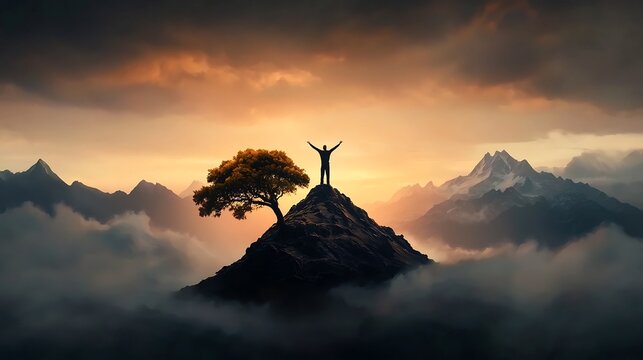 A solitary figure stands proudly atop a rugged alpine peak arms raised in triumph as he gazes out over the breathtaking panoramic landscape