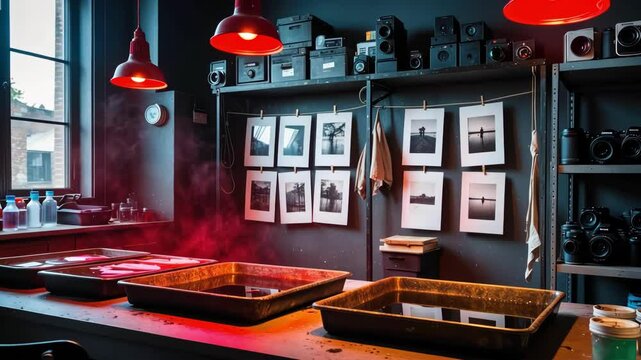 Artistic darkroom scene with trays for developing prints showcasing cameras and photographs creating a vintage creative atmosphere