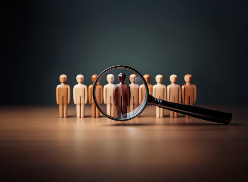 A magnifying glass focuses on a dark-skinned wooden figure among lighter-skinned ones, symbolizing the importance of diversity and inclusion in selection processes.