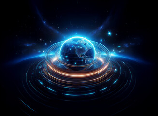 A glowing blue Earth hovers within a vibrant, futuristic energy field, encircled by rings of light, suggesting global connectivity and technological advancement.