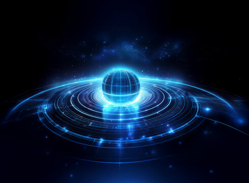 A glowing blue sphere, reminiscent of a planet, floats within concentric rings of light against a dark background.  The scene evokes a sense of futuristic technology and cosmic energy.