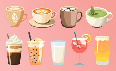Variety of delicious beverages illustrated, vector element set