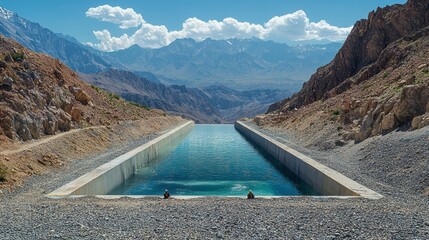Mountainous Landscape with Long Concrete Canal Filled with Water Two People Sitting