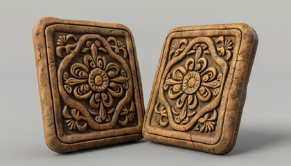 Two intricately carved stone tiles with a floral design.