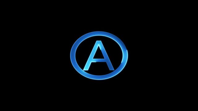 neon sign letter glowing with blue light. Abstract Bright Blue Neon Alphabet, Letter and Character Symbol animaion on Black Background.Initial A monogram alphabet in a neon circle.