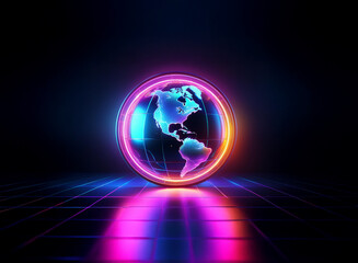 A vibrant, glowing orb depicting Earth, encircled by a neon ring, sits on a gridded surface, reflecting its colorful light.  The scene evokes a futuristic, technological aesthetic.