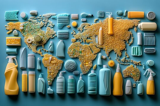 Cleaning products arranged in the shape of a world map on a blue background, highlighting global cleaning practices.