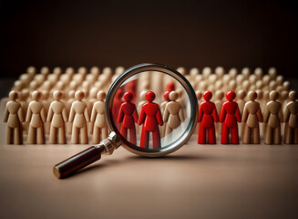 A magnifying glass focuses on three red figures amidst a crowd of beige figures, highlighting the selection process and individual recognition within a large group.