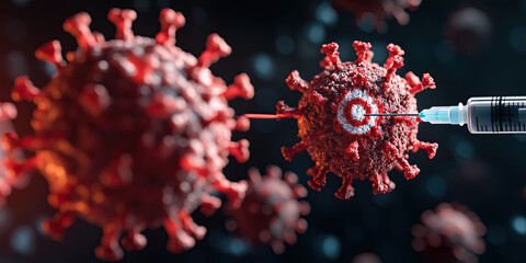 Virus with dart pattern targeted by syringe, symbolizing vaccination efforts