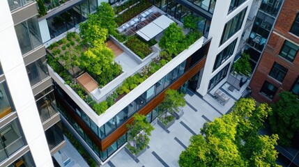 Urban rooftop garden design modern city architectural photography green environment aerial view sustainable living concepts