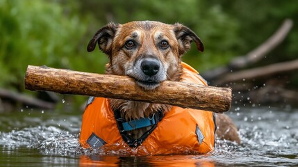 A Happy Dog in a Life Vest Carrying a Stick in the Water