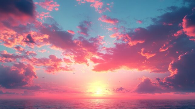 Vibrant pink and orange sunset over calm ocean with fluffy clouds. - Powered by Adobe
