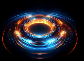 Glowing concentric rings of blue and orange light pulse with energy, creating a mesmerizing, futuristic visual effect.  The dark background enhances the vibrant colors and dynamic movement.