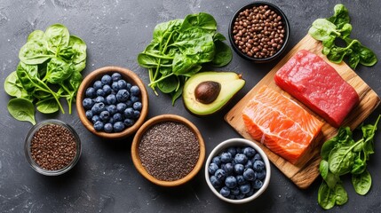 Personalized nutrition strategy featuring superfoods and fresh ingredients kitchen culinary photography healthy eating overhead view wellness concept