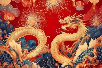 Obraz premium A vibrant illustration of a golden dragon amidst clouds and lanterns, symbolizing prosperity.