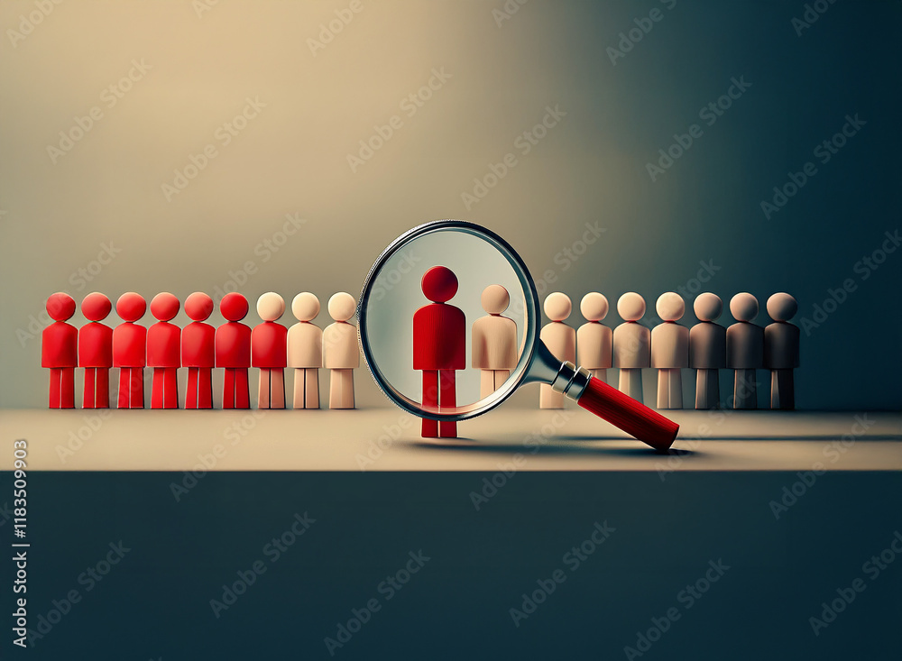 Fototapete a magnifying glass focuses on a single red figure within a row of beige figures, highlighting the pr
