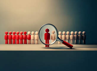 A magnifying glass focuses on a single red figure within a row of beige figures, highlighting the process of selection and individual assessment.