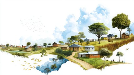 Public health initiatives in rural areas illustrative landscape vibrant community environment aerial view development focus