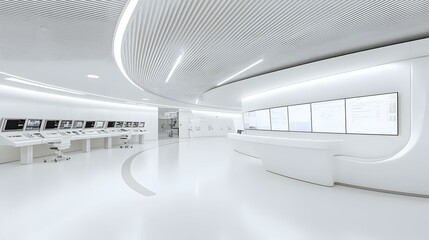 Futuristic Refinery Command Hub, a sleek control room featuring advanced monitors, global maps, and high-tech interfaces for efficient operations.