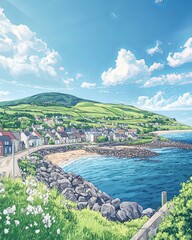 Obraz premium Colby Man (isle of) Travel Poster Flat Illustration Print Decor Gift Canvas Wall Art Gift