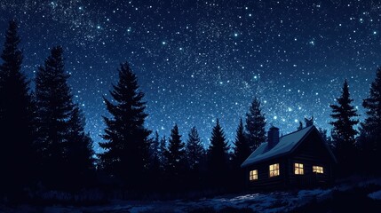 Cozy winter cabin under a starry sky, simple silhouette style, surrounded by evergreen trees and snowfall.