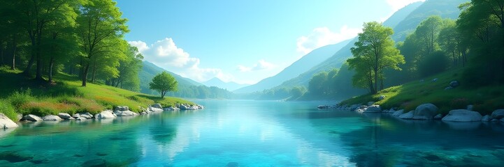 A clean river with lush greenery on its banks and a clear blue sky above