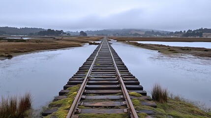 Fototapeta premium Tranquil Railroad Track Extending Towards Serene Landscape