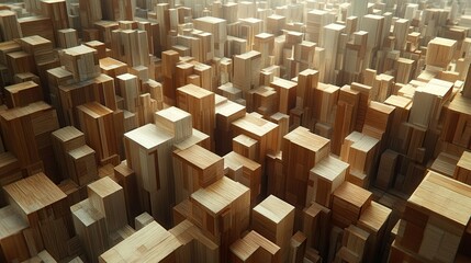 Abstract Background of Wooden Cubes: 3D Rendered Geometric Pattern