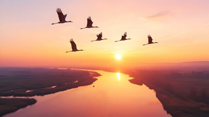Cranes in Flight, a graceful formation of cranes soaring through the sky, embodying freedom and unity against a serene backdrop.