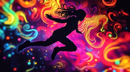 Vibrant Dreamscape: A Silhouette's Leap of Faith into a Kaleidoscopic World