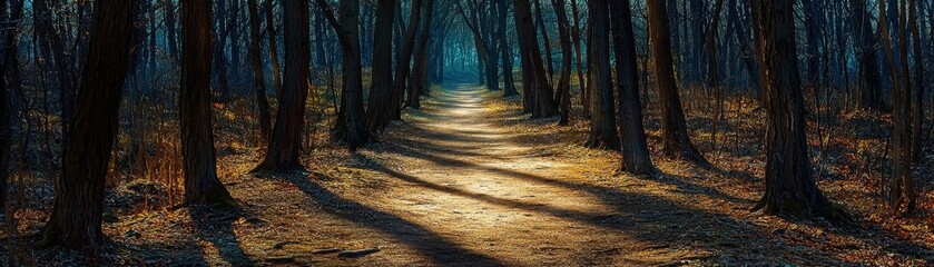 Fototapeta premium A serene forest path illuminated by soft light, surrounded by tall trees, creating an enchanting and mysterious atmosphere.