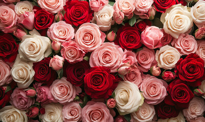 Naklejka premium A stunning wall of red and pink roses arranged in varying shades creates a sophisticated and romantic backdrop, perfect for love-themed settings.
