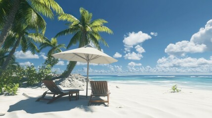 Tropical beach chairs under parasol, sunny sky, ocean view; vacation