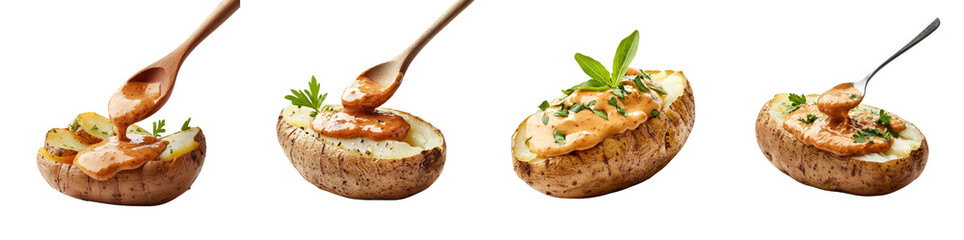 Spreading sauce on a baked potato, isolated on a white background. Collection Png.