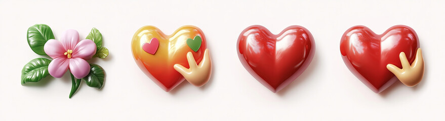 Fototapeta premium Four heart-themed icons in a colorful, playful style feature cartoonish hand gestures, vibrant red and pink tones, and floral accents, representing affection, passion, and care.