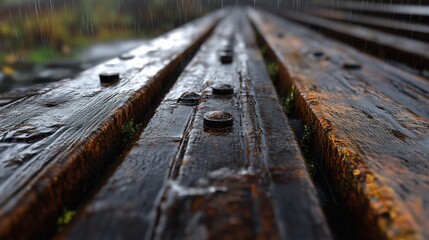 Rainy Day on Wooden Bench: A Close-Up View