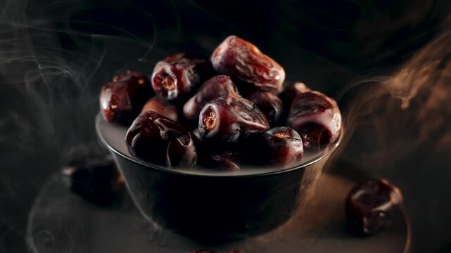 Close-up of dried dates rotating in a plate against a black background highlighting their rich texture and appearance