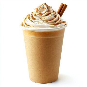 pumpkin latte coffee drink in take away cup decorated with whipped cream and cinnamon isolated on white background