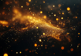 Fototapeta premium A luxurious golden glitter background with shimmering bokeh effects and sparkling dust particles, ideal for festive celebrations like New Year's or Christmas designs.