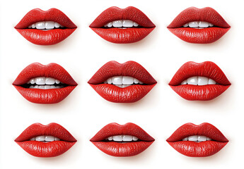 Obraz premium A collection of red lips displaying various expressions, including open and closed positions, in a clean, shadow-free illustration style on a crisp white background.