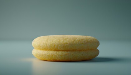 A single yellow macaron sits on a blue surface with a blue background.
