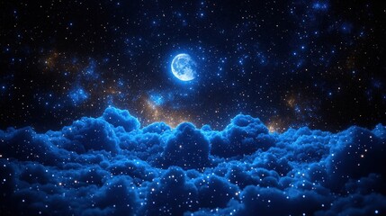 Full moon above a sea of clouds and stars.